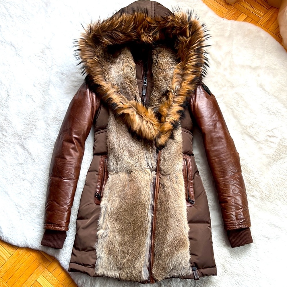 Rudsak Arly Leather Sleeved Parka With Fur Trim size XS